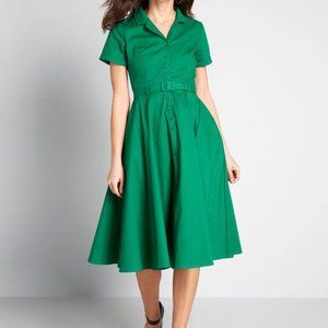 Modcloth Green Yearning Yesteryears Shirt Dress